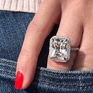 NEW Silver Radiant Cut Diamond Halo Engagement Ring